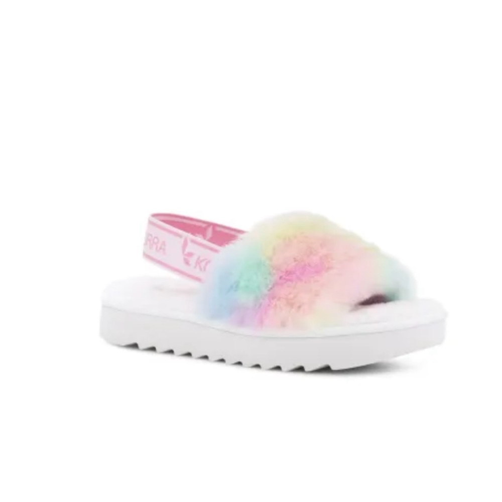 Koolaburra By UGG Rainbow Faux Fur Slide Sandal with Pink Heel Strap NWOT